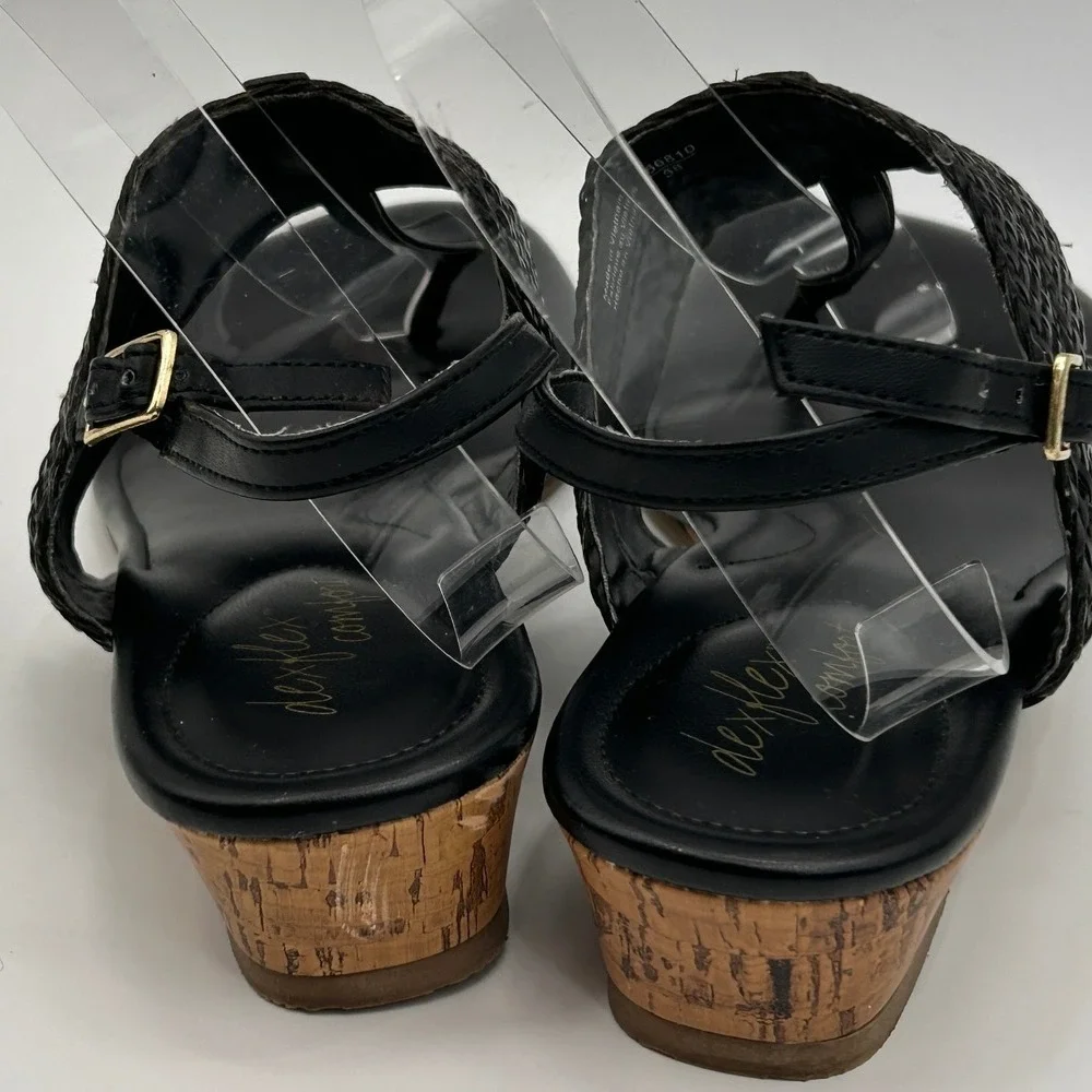 Dexflex Comfort Black Woven Cork Wedge Thong Sandals Women's Size 8 Coastal